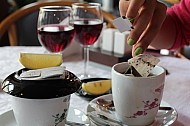 High tea with wine at Lake Bled, Slovenia